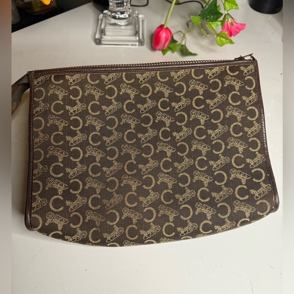 CELINE Denim Canvas Clutch Bag in Brown & Gold Celine Design & Carriages - RARE - Picture 3 of 16
